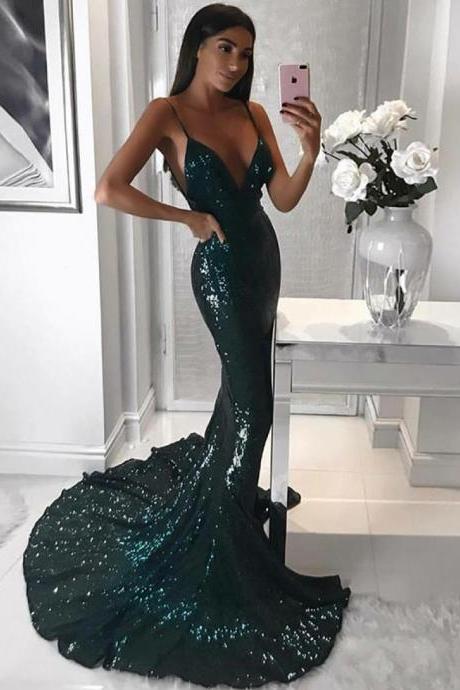 Mermaid Spaghetti Straps Sweep Train Dark Green Sequined Prom Dress M2460