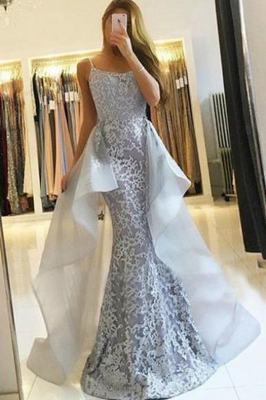 Mermaid Spaghetti Straps Detachable Sweep Train Grey Lace Sleeveless Prom Dress M2461