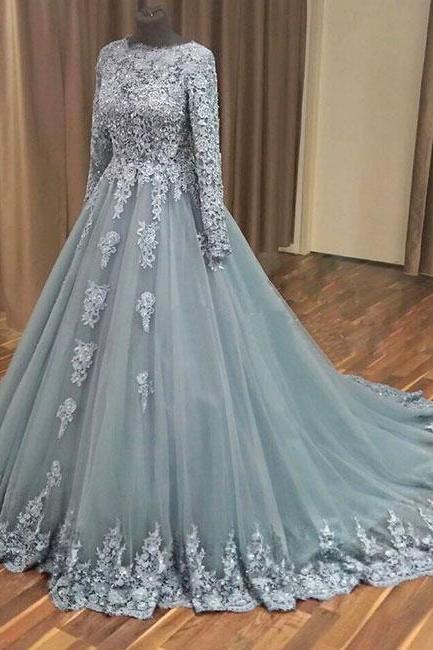 Gray Ball Gown Applique Tulle Long Prom Dress Gray Evening Dress M2473