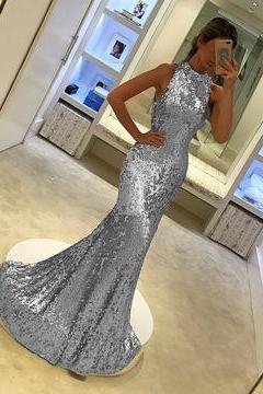 Silver Sequins Halter Long Mermaid Evening Gowns M2482