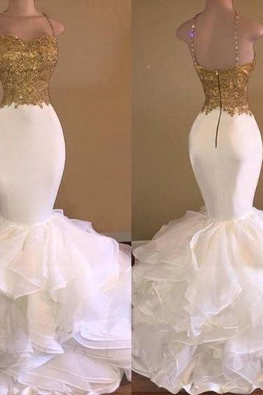 White And Gold Mermaid Prom Dresses 2018 Organza Appliques Beaded Ruffle Evening | Dress M2483