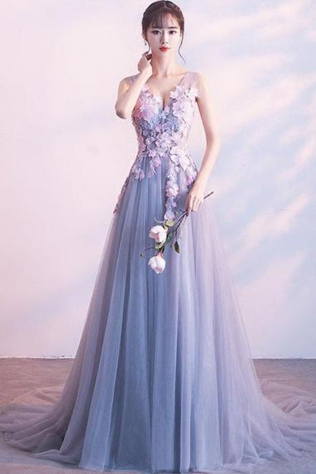 Gray Lace Tulle Long Prom Dress, Gray Evening Dress M2491