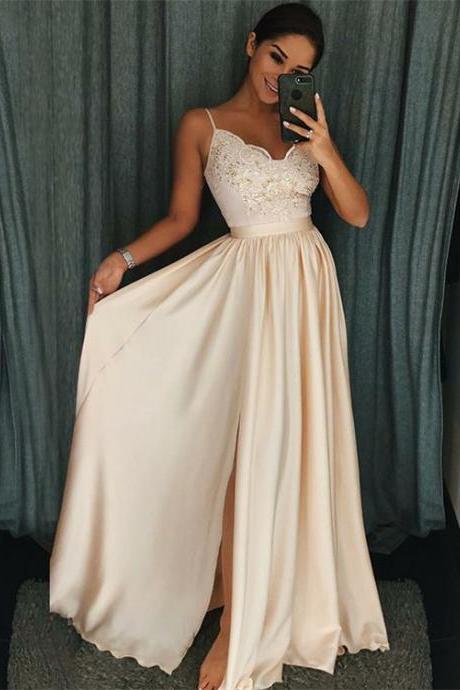 A-line Spaghetti Straps Pearl Pink Elastic Satin Prom Dress With Appliques M2492