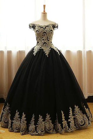 Black Prom Dresses,appliques Prom Gown,ball Gown Prom Dress,long Prom Gown,formal Evening Dress,black Quinceanera Dress M2493