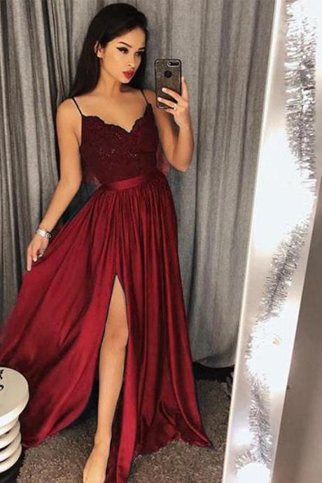 Sexy Slit Prom Dresses 2018 Spaghetti Straps Girls Long Party Gown M2500