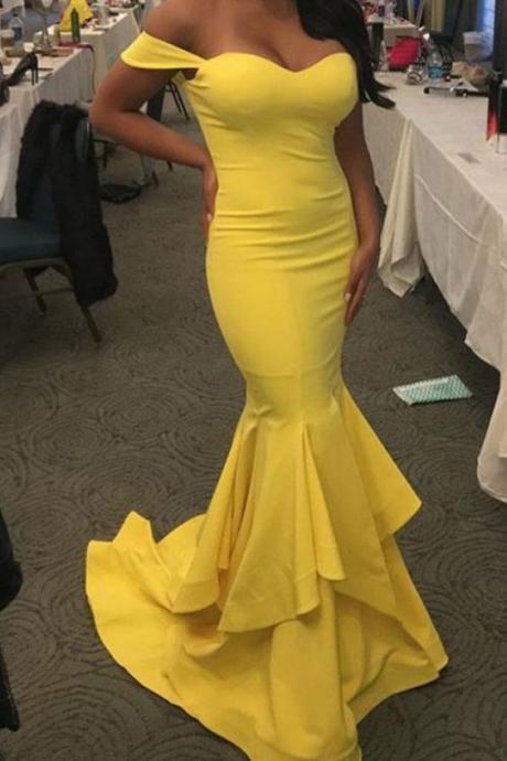 Modern Cap Sleeves Sweetheart Ruffles Mermaid Yellow Long Prom Evening Dress M2505