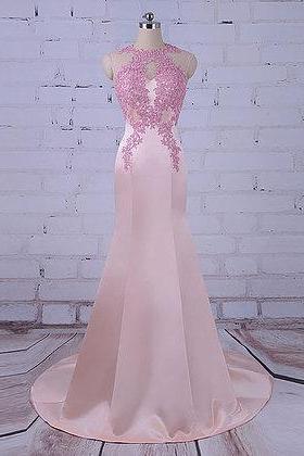 Pink Satin Long Mermaid Evening Dress, Pink Lace Appliqués Customize Prom Dress M2506