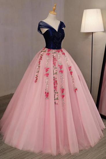 Pink emboridery tulle V neck long beaded evening dress, navy blue appliques prom dress M2507