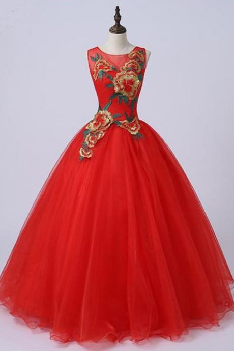 Red Tulle Scoop Neck Long Embroidery Evening Dress, Red Long Formal Prom Dress M2509