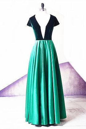Emerald Satin V Neck Short Sleeve Long Evening Dress, Long Velvet Prom Dress M2512