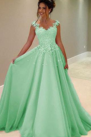 Green Tulle Lace Round Neck A-line Long Prom Dresses With Straps M2513
