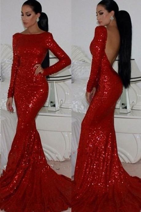 Mermaid Red Prom Dress, Long Sleeve Backless Prom Dress With Sparkling Sequin M2516