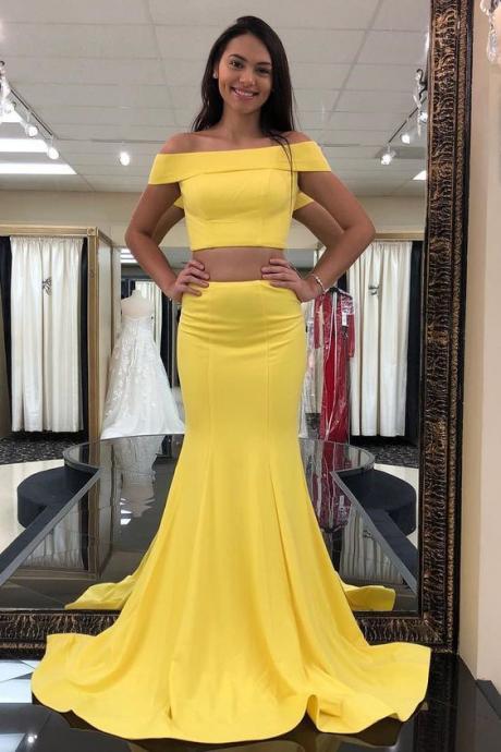 Two Piece Off The Shoulder Yellow Mermaid Long Prom Dress M2520