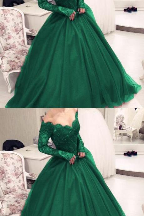 Illusion Scoop Neckline Lace Long Sleeves Emerald Green Prom Dresses 2018,ball Gowns Quinceanera Dresses M2523