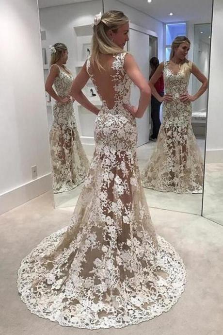 Sexy See Through Lace Mermaid Long Evening Prom Dresses, Popular Long 2018 Party Prom Dresses, M2529