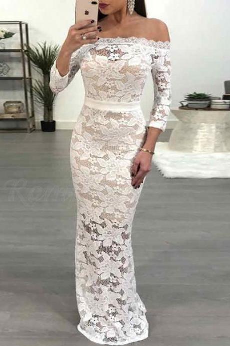 Mermaid Off-the-shoulder 3/4 Sleeves Floor-length White Lace Prom Dress M2533