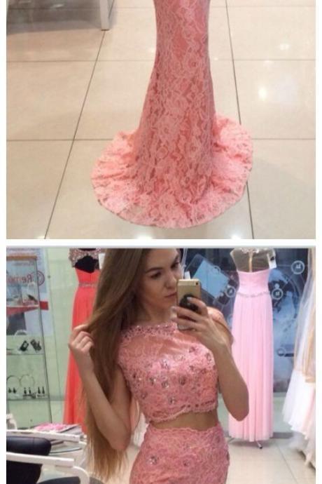Two Piece Pink Prom Dresses, Wedding Party Dresses ,two Pieces Prom Dresses,mermaid Prom Dresses,lace Prom Dress,evening Dresses,cute