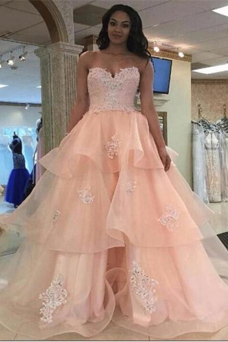 Princess Prom Dresses, Pink A-line/princess Prom Dresses, Princess Long Prom Dresses, Pink Strapless Backless Lace Organza Long Qunceanera