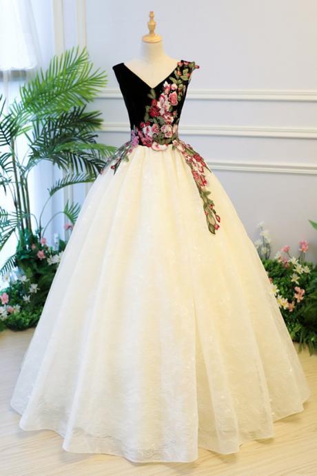 Ivory Lace V Neck Embroidery Long Formal Prom Dress, Ivory Customize Evening Dress M2560