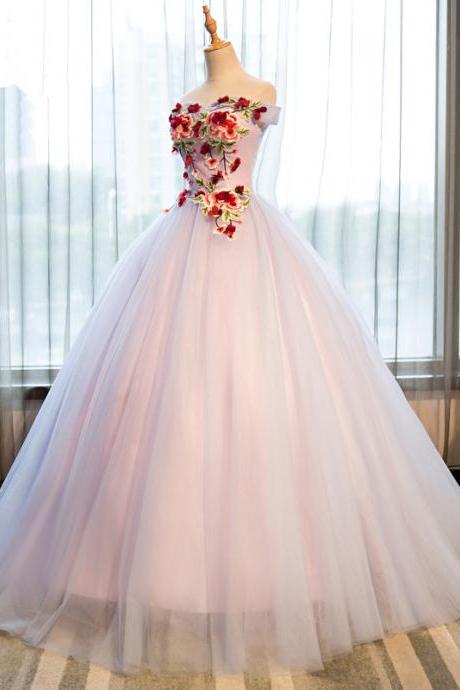 2018 Princess Strapless Off Shoulder Flower Long Tulle Prom Gown, Formal Evening Dress M2561