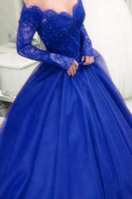 Ball Gown Prom Dresses,royal Blue Prom Dresses.long Sleeves Prom Dress,lace Prom Gowns,evening Dresses,modest Prom Dresses M2565