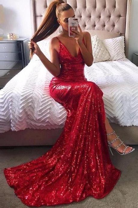 Trumpet/mermaid Spaghetti Straps Sparkly Sequins Sexy Long Prom Dresses/evening Dress M2570