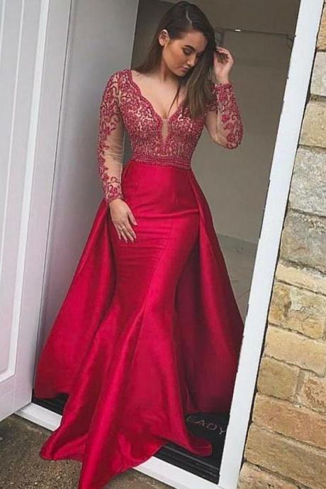 2018 Mermaid Long Prom Dresses Red Long Sleeve Beading Prom Dress Evening Dresses M2573
