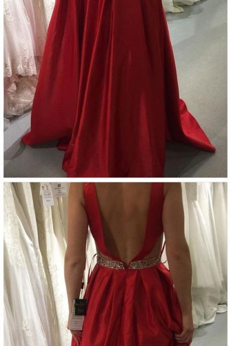 Red A-line V-neck Satin Prom Dresses,long Beaded Prom Dress With Pockets M2605