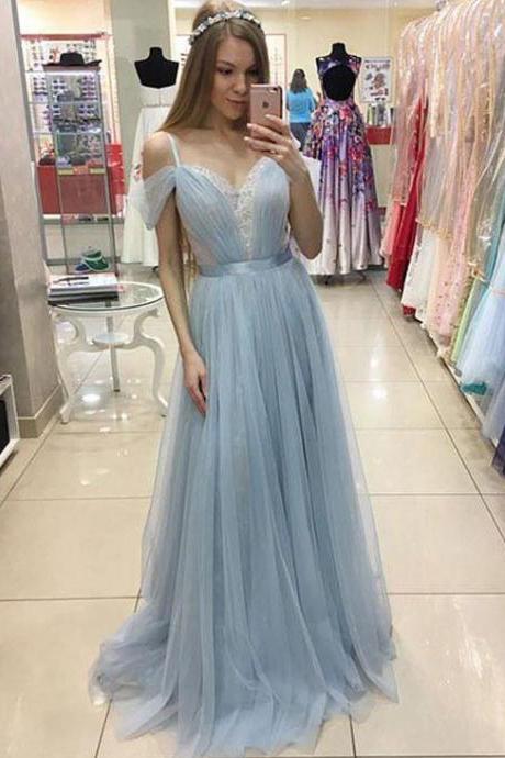 Elegant A-line Spaghetti Straps Tulle Long Prom/evening Dress With Lace M2627