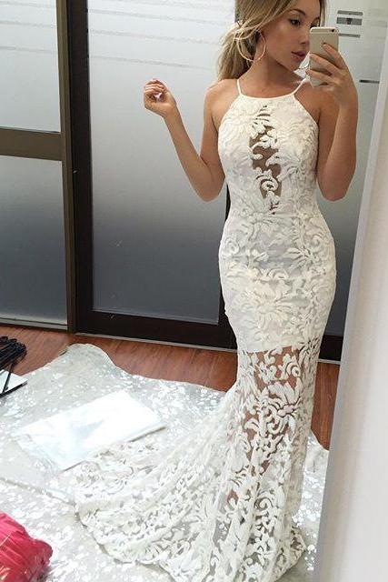 Charming Mermaid Spaghetti Straps Long White Lace Prom/evening Dress With Sweep Train M2629