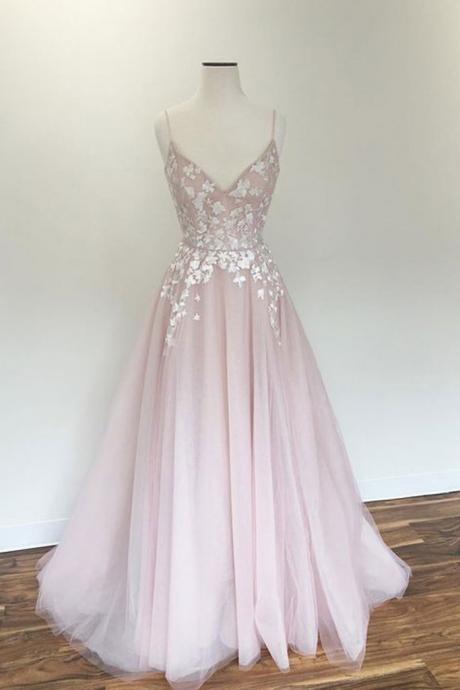 Light Pink V Neck Tulle Applique Long Prom Dress, Pink Evening Dress M2635