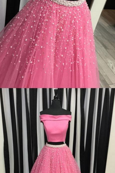 Two Piece Off The Shoulder Watermelon Long Prom Dress, 2018 Prom Dress With White Pearls M2657