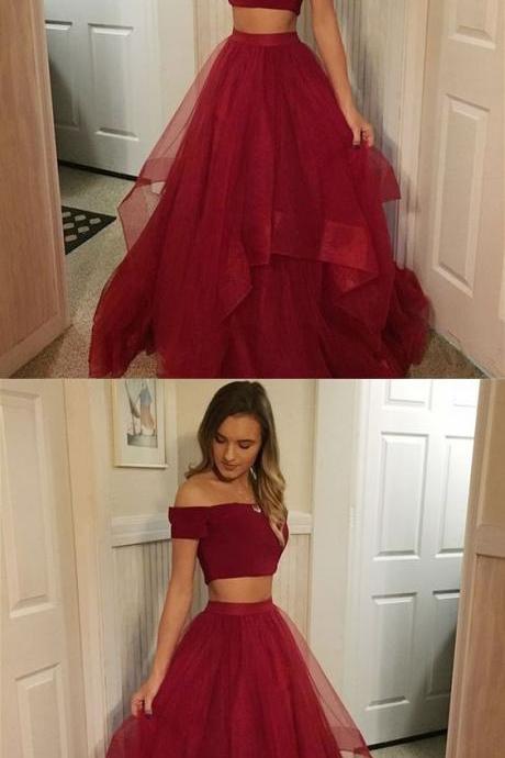 Two Piece Off-the-shoulder Short Sleeves Burgundy Prom Dress M2676