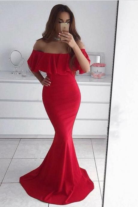 Mermaid Off-the-shoulder Floor-length Red Prom Dress M2678