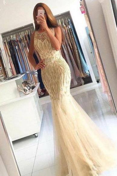 Mermaid Crew Sweep Train Champagne Tulle Sleeveless Prom Dress With Beading M2682