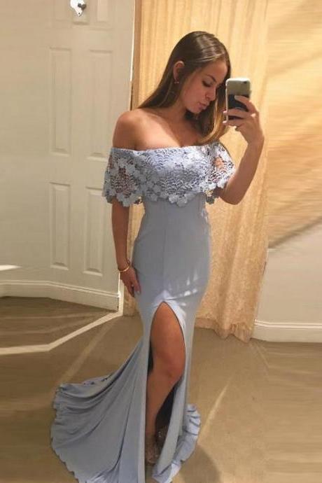 Mermaid Prom Dresses Off-the-shoulder Slit Lace Long Prom Dress Sexy Evening Dress M2699