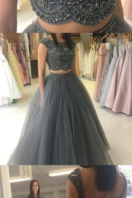 Ball Gown, Two Piece Prom Dresses, Beaded Grey Long Prom Dresses, 2018 Prom Dresses, Party Dresses M2723