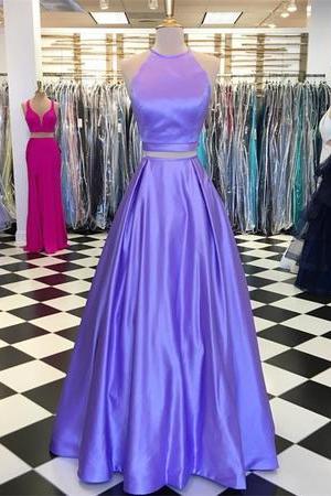 Halter Neck Floor Length Two Piece Prom Dresses With Pocket M2747