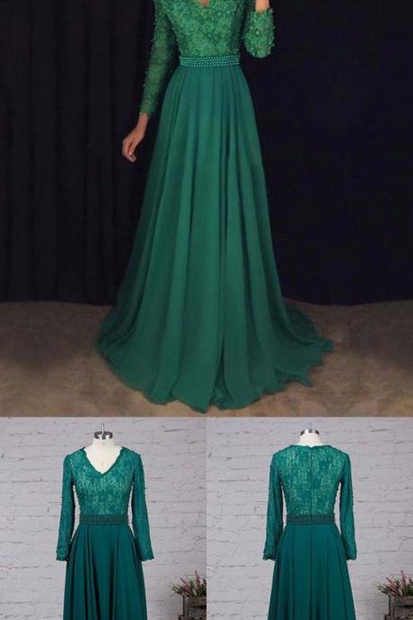 Beautiful A-line V-neck Chiffon With Appliques Lace Sweep Train Long Sleeve Prom Dresses M2751