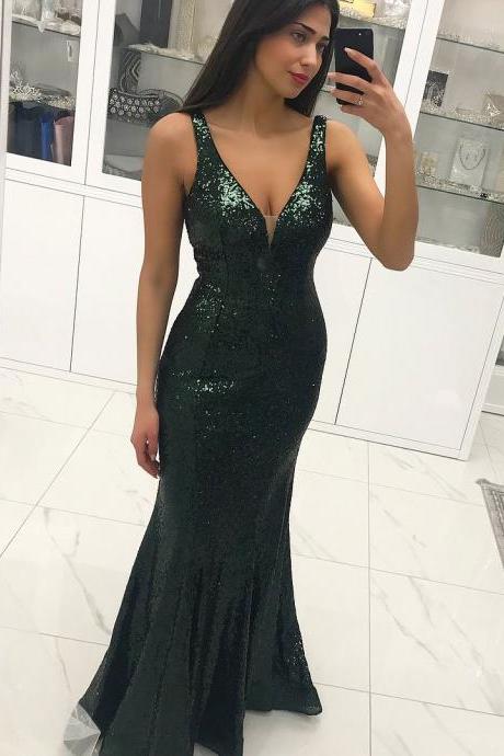 Sexy Long Green Mermaid Lace Prom Dresses Sequins Backelss Formal Evening Dress M2794