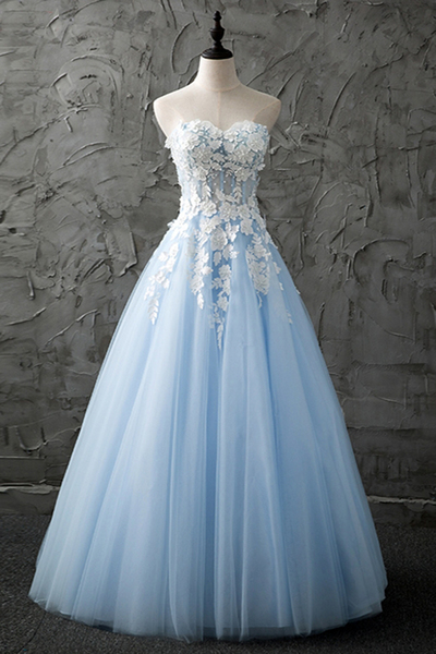 Sweetheart Blue Tulle Long Customize Evening Dress With Appliques M2800