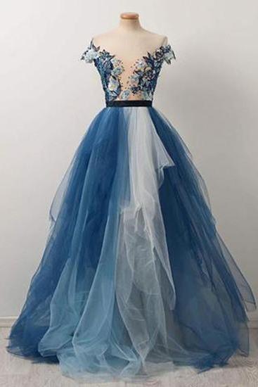 Pretty Blue And White Tulle V Neck Cap Sleeve Long Emboridery Evening Dress, Formal Dress M2811