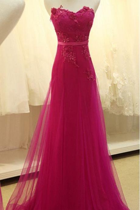 A Line Prom Dress, Tulle Prom Dress, Lace Flowers Prom Dress, Fuchsia Prom Dress, Beaded Prom Dress, Elegant Prom Dresses M2813
