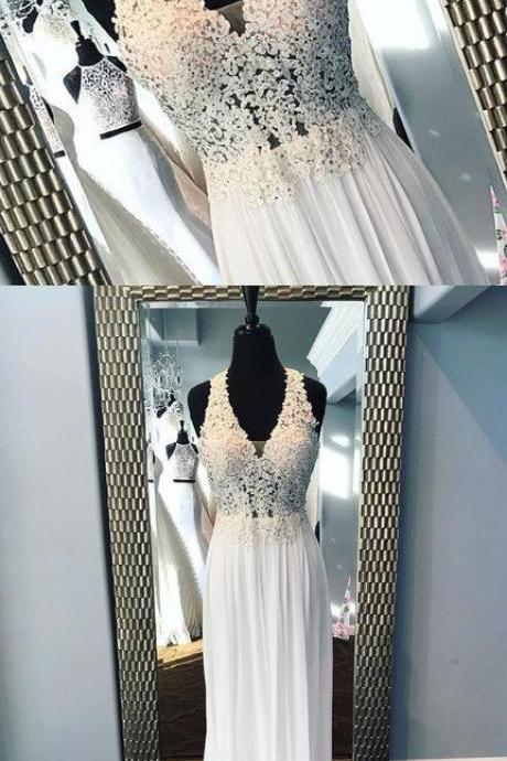 Brand White Chiffon V Neck Long Lace Top Senior Prom Dress, Party Dress M2815