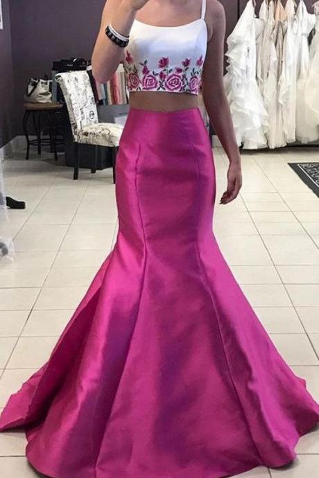 Two Piece Prom Dresses, Embroidery Flower Evening Dress, Mermaid Evening Dress, Elegant Evening Dress, Sexy Evening Dress, Pink And White