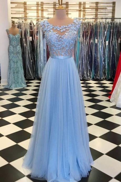 Sky Blue Tulle Long Scoop Neck Evening Dress, Long Prom Dress With Lace Appliqué M2844