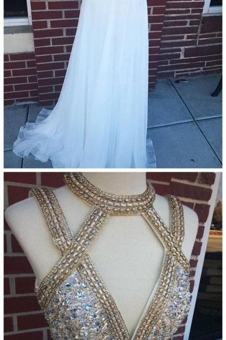 Long Chiffon Deep V-neck Gold Prom Dresses Beaded Formal Evening Ball Gowns M2845