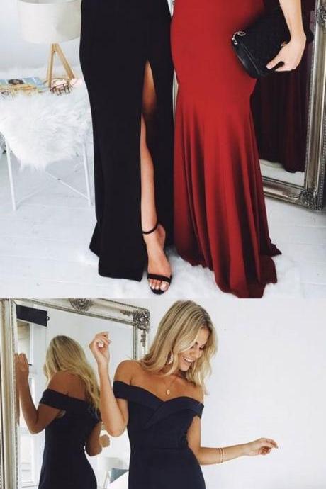 Sexy Off The Shoulder Black Long Prom Dresses, Fashion Leg Split Party Dress For Teens, Stain Evening Gowns M2849