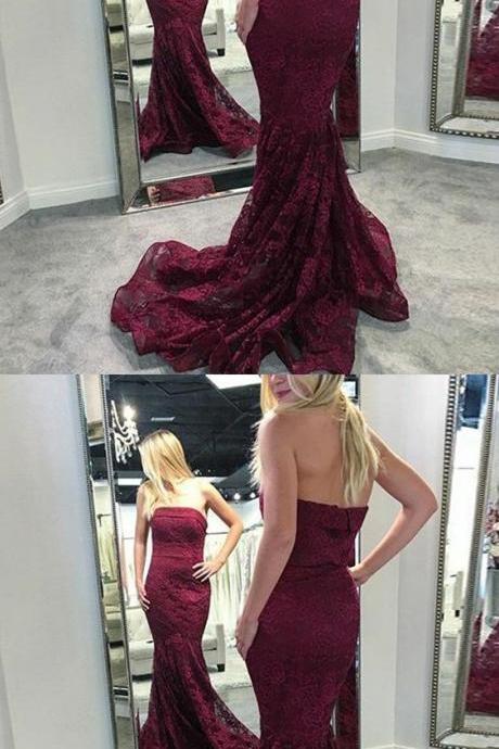 mermaid prom party dresses, chic burgundy strapless evening gowns for formal occasion M2852