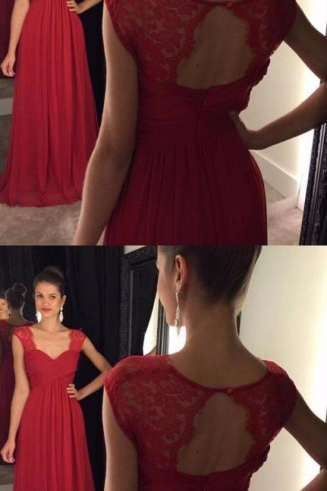 dark red long formal dresses, fashion prom party dresses with open back cap sleeves, dreamy gowns M2855